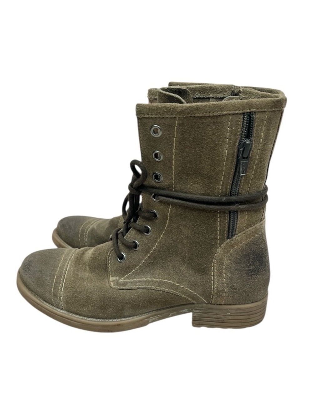 Roan Bed Stu Leather Suede Affair Combat Lace & Zip Taupe Mid Calf Ankle Boots